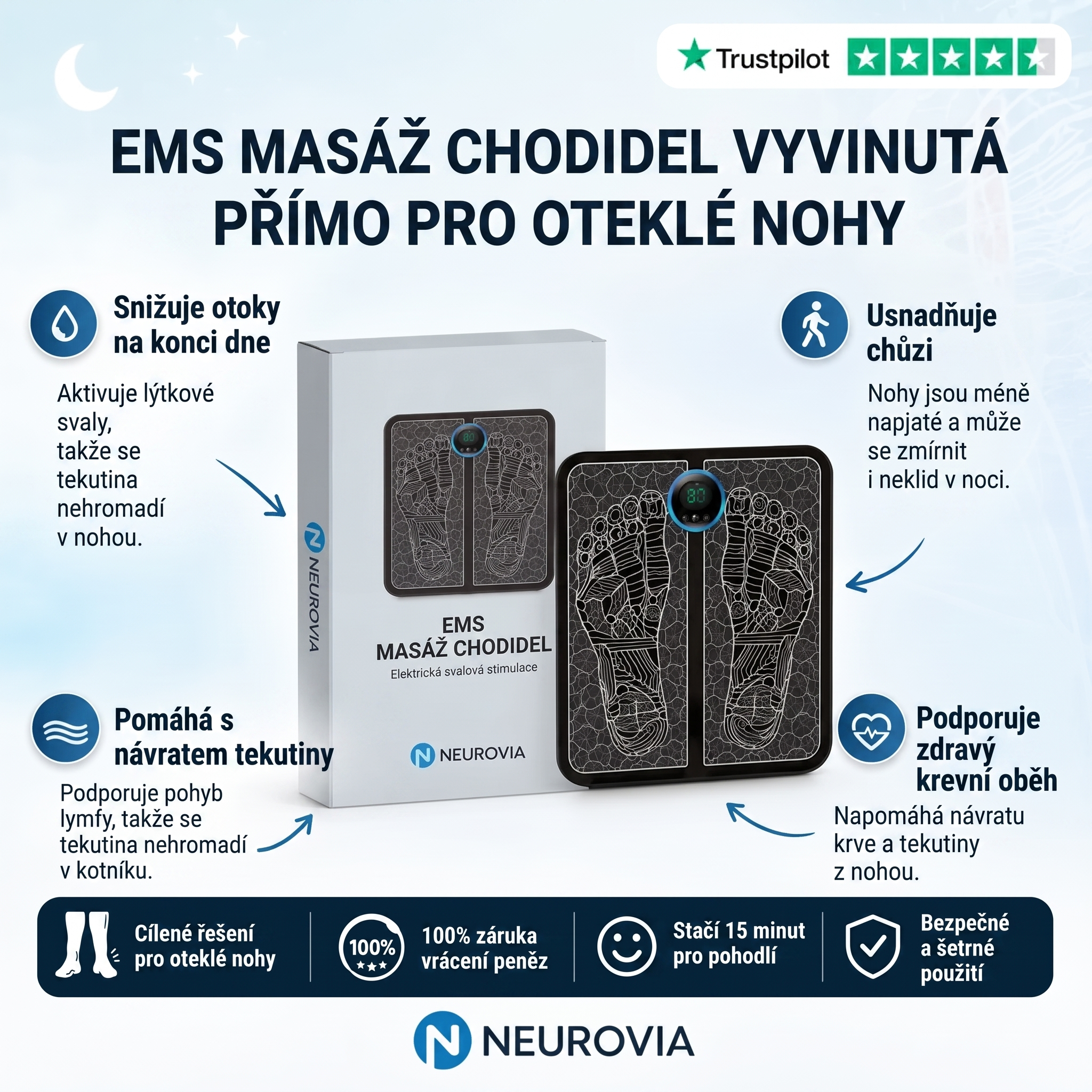 Neurovia™ EMS aktivátor nohou pro nateklé, těžké nebo oslabené nohy – pro domácí použití.