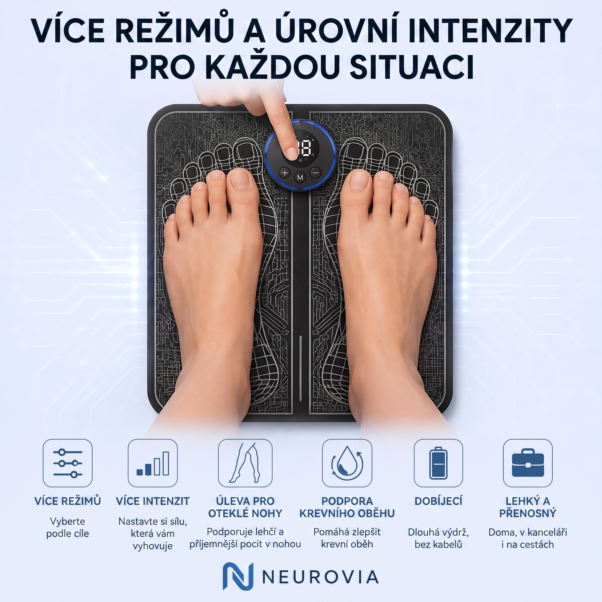 Neurovia™ EMS aktivátor nohou pro nateklé, těžké nebo oslabené nohy – pro domácí použití.