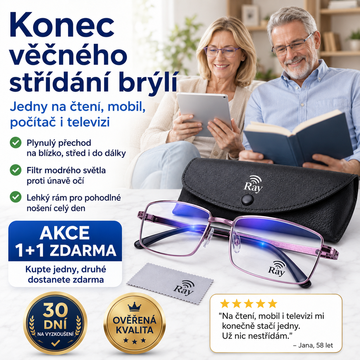 KUPTE 1, DRUHÝ MÁTE ZDARMA: Jediné chytré samonastavitelné brýle Ray™ (Jasné vidění nablízko, na střední vzdálenost i do dálky v jedněch brýlích) l Ochrana proti modrému světlu a UV záření + Kožené pouzdro ZDARMA l 30denní záruka na vyzkoušení