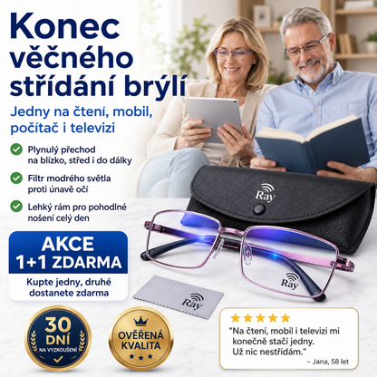 1+1 ZDARMA POUZE DNES | Ray™ – jedny progresivní brýle na čtení, mobil, počítač i do dálky | Filtr modrého světla + UV ochrana | Pouzdro ZDARMA | 30 dní na vyzkoušení