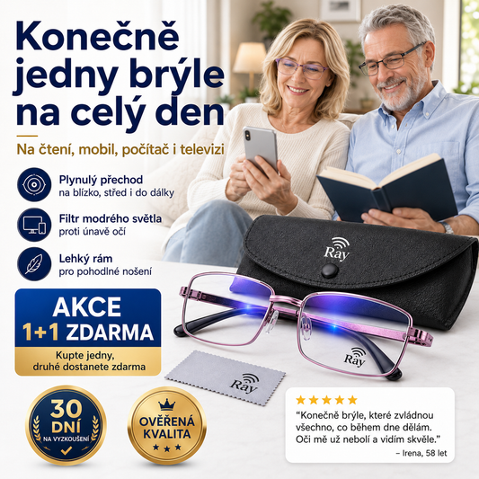POUZE DNES: AKCE 1+1 ZDARMA Jediné chytré samonastavitelné brýle Ray™ (Jasné vidění nablízko, na střední vzdálenost i do dálky v jedněch brýlích) l Ochrana proti modrému světlu a UV záření + Kožené pouzdro ZDARMA l 30denní záruka na vyzkoušení