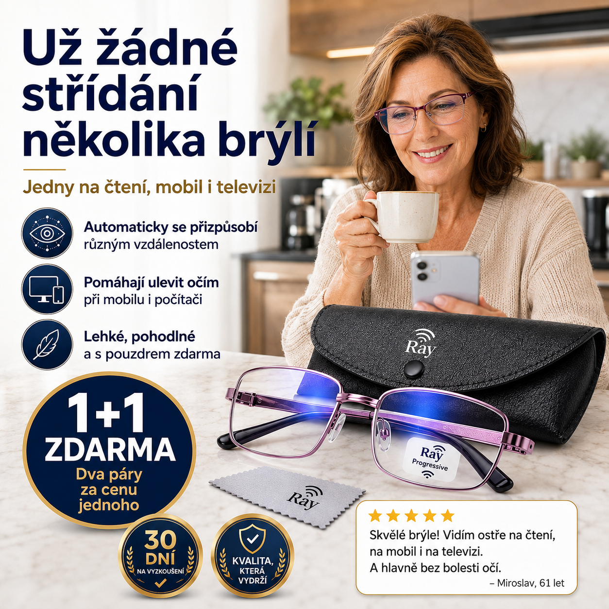 AKCE 1+1 ZDARMA | Ray™ 3v1 – jedny chytré progresivní brýle na čtení, mobil, počítač i do dálky | Samopřizpůsobivé čočky + filtr modrého světla | Pouzdro ZDARMA | 30 dní na vyzkoušení