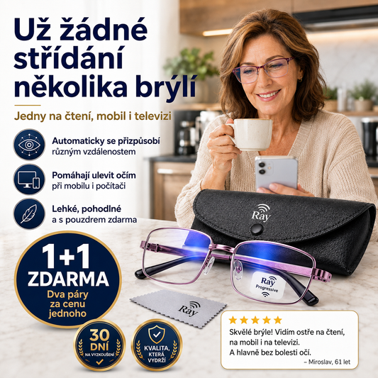 AKCE 1+1 ZDARMA | Ray™ 3v1 – jedny chytré progresivní brýle na čtení, mobil, počítač i do dálky | Samopřizpůsobivé čočky + filtr modrého světla | Pouzdro ZDARMA | 30 dní na vyzkoušení