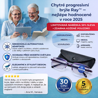 Chytré progresivní brýle Ray™ (Ostré vidění na blízko, střední vzdálenost i do dálky v jednom páru brýlí) Bez lékařského předpisu | Kožené pouzdro v balení | 30denní záruka vyzkoušení