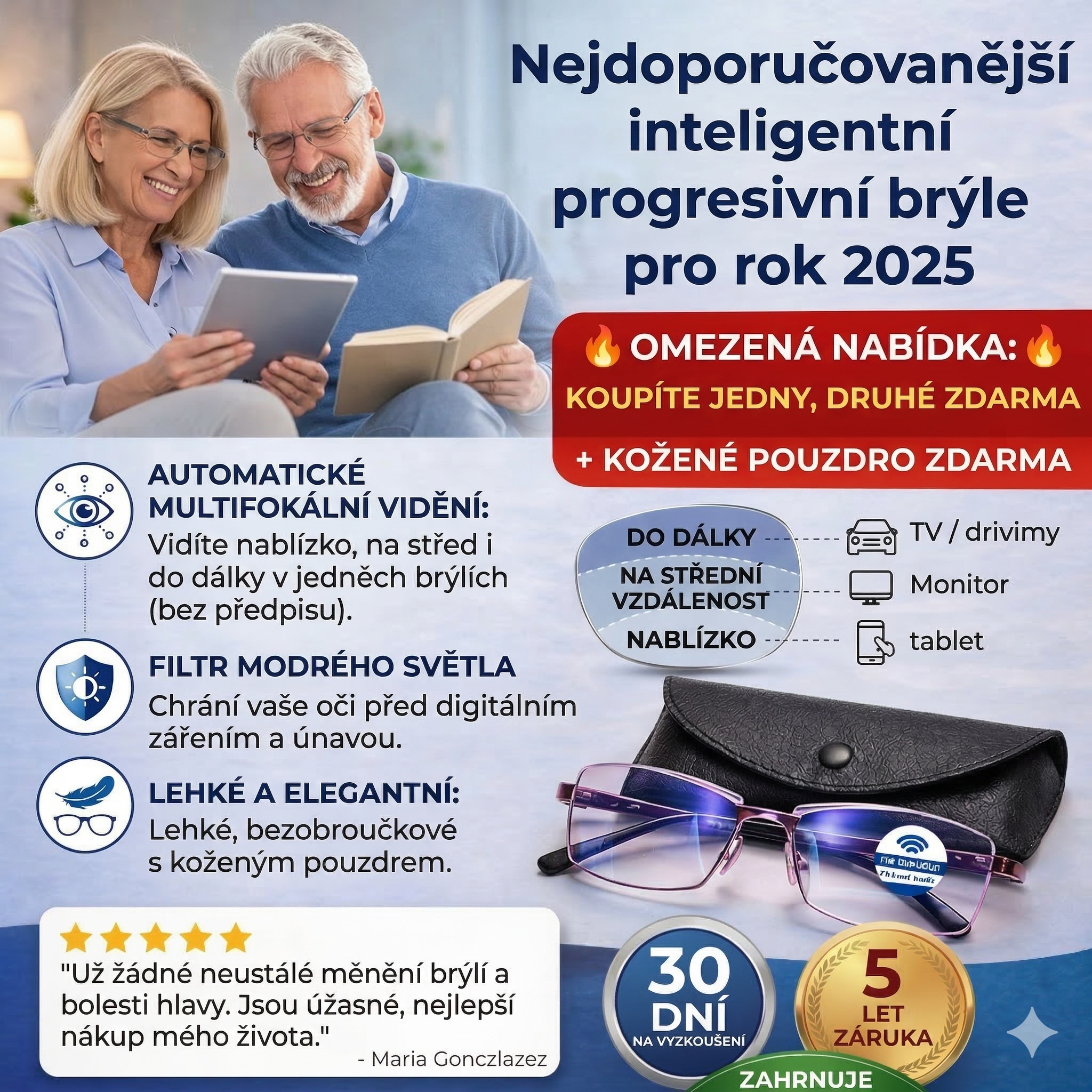 Ray™ 3-v-1 Chytré Brýle: Vidění nablízko i do dálky v jedněch brýlích | Samonastavitelné čočky s ochranou proti modrému světlu | AKCE 1+1 ZDARMA + Kožené pouzdro | 30 dní na vyzkoušení